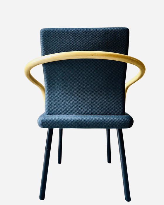 Image 1 of 4x Mandarin stoel van Ettore Sottsass voor Knoll, 1986 - Blauwe stof, armleuningen in bamboelook
