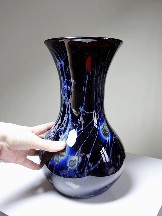 Image 1 of Large vintage purple art glass vase with silver inclusions