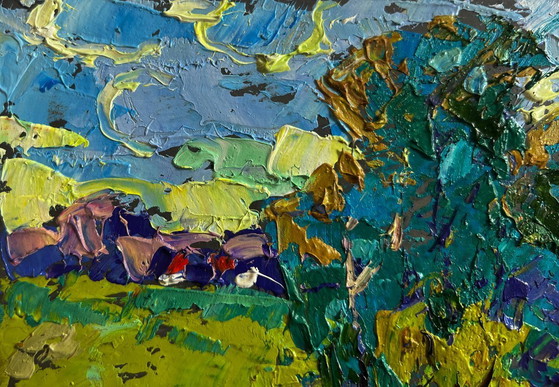 Image 1 of Original Oil Painting Village Bridge Landscape On the spring river