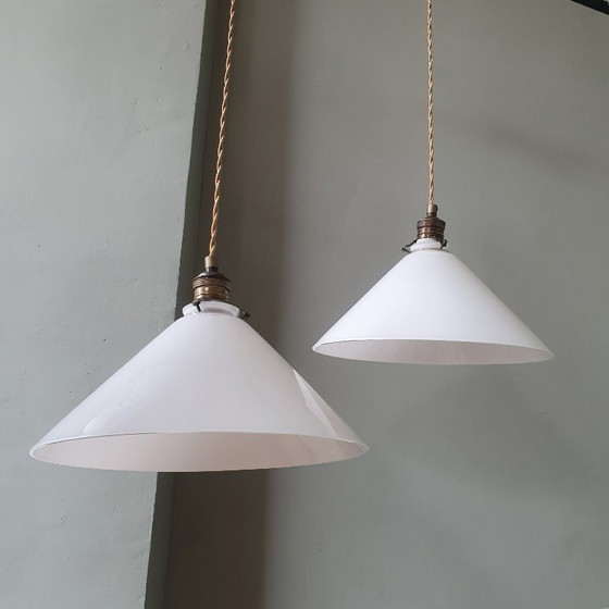 Image 1 of Set (2) Vintage pendant lamps in opaline / milk glass - banker's lamp or shoemaker's lamp