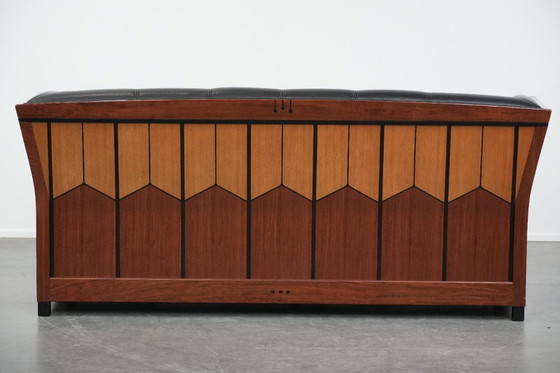 Image 1 of Art Deco Schuitema black leather 2.5-seater designer sofa from the Decoforma series with beautiful woodwork