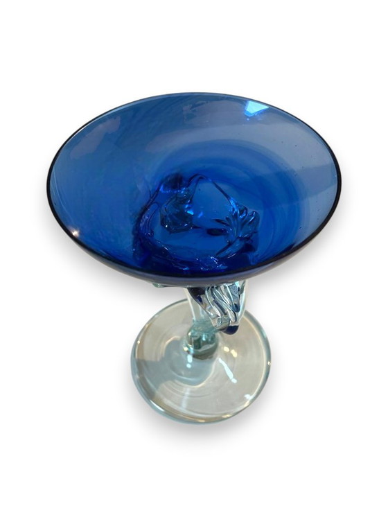 Image 1 of Krosno Poolse Gass Art Compote – Kobaltblauwe kom op gedraaide, transparante steel