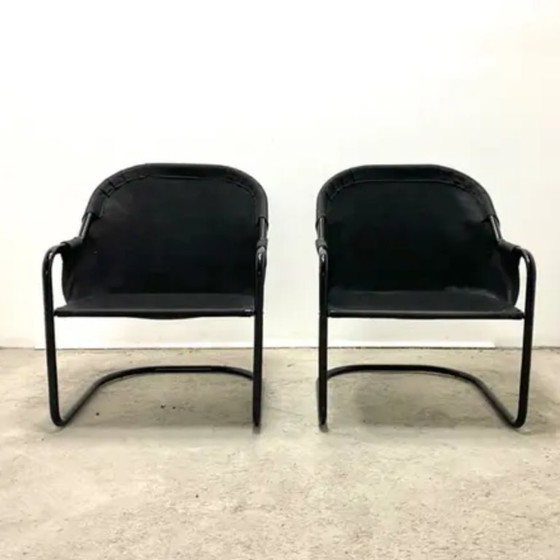 Image 1 of Poltrone retrò FIAM Italia anni '80 - Struttura in metallo nero e rivestimento verde (set di 2)