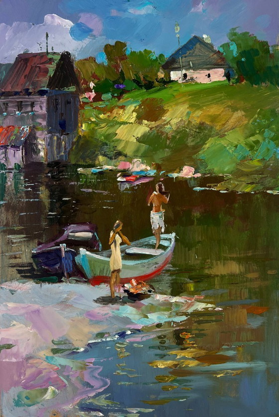 Image 1 of Original Oil Painting Coastal Village Landscape Girls sailing in a boat