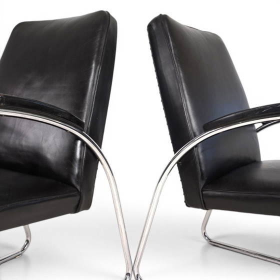 Image 1 of Set van 2 Bauhaus Streamline leren fauteuils met buisvormig stalen frame, 1930