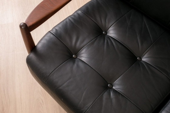 Image 1 of Divano scandinavo a 3 posti in legno e pelle nera, anni '60