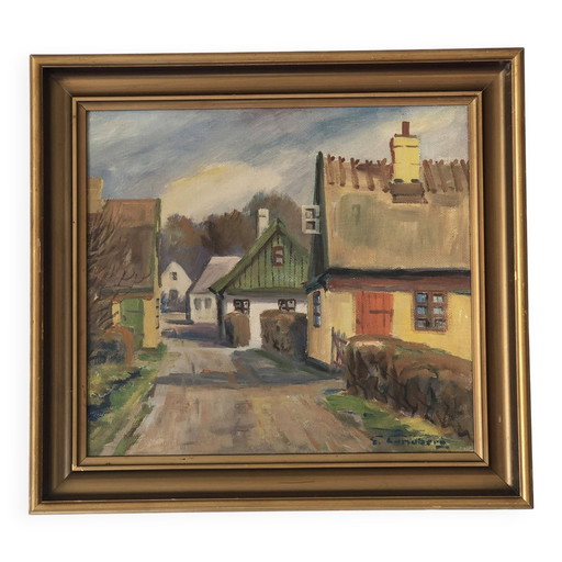 Peinture à l'huile originale vintage représentant un cottage : œuvre encadrée représentant un paysage champêtre