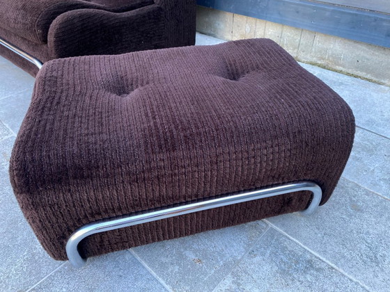 Image 1 of Divano da salotto modulare poltrona poggiapiedi stile Bauhaus in velluto a coste marrone e cromo vintage 1970