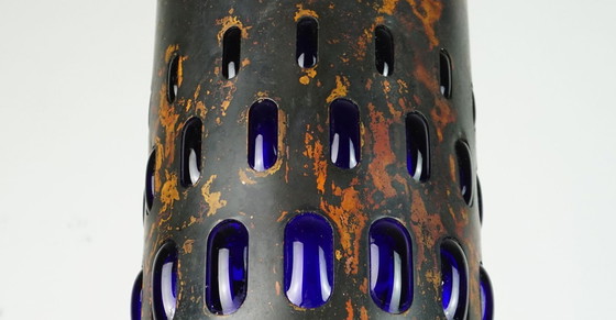 Image 1 of Lámpara colgante moderna de mediados de siglo en cobre flameado y vidrio azul, década de 1960