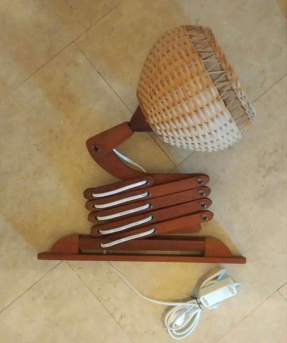 Vintage Teak Scissor Wall Lamp with Rattan Shade – 1960s/70s Scandinavian Design – Wall lights, Wicker, Wood (photo 5 of 9)