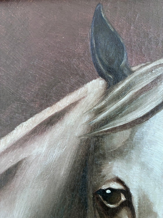 Origineel vintage olieverfschilderij van een wit paard, gesigneerd ruiterportret – Schilderijen & Tekeningen (photo 12 of 19)