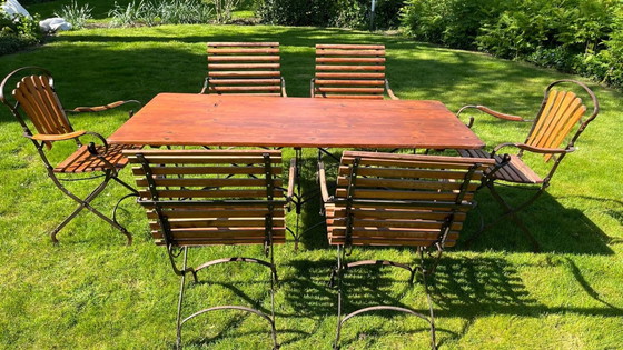 Image 1 of Set Art Nouveau tuinmeubelen in hout en smeedijzer - tafel en 6 stoelen