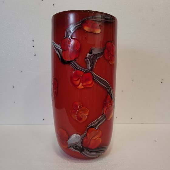 Image 1 of Jarrón floreado rojo, vidrio de Murano, 90’s - Italia