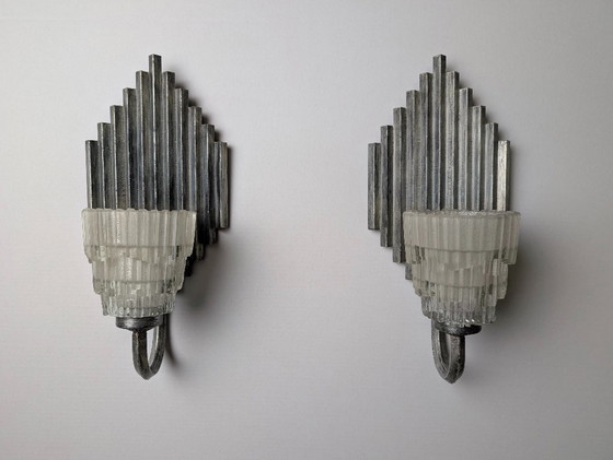 Image 1 of Pair of Ferro Art Iron and Glass Wall Sconces Art Deco Style 1970s