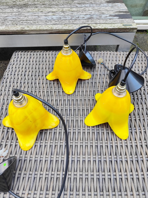 3 bright Ochre yellow Pols Potten chalice ceiling lamps