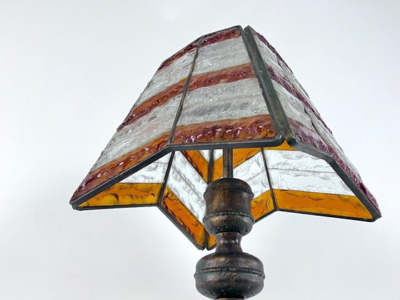 Image 1 of Monumentale, brutalistische Tischleuchte aus dickem Glas und Metall von Longobard. Italien, 1970er Jahre.