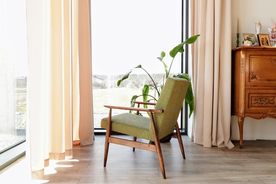 Image 1 of Mid-century moderne fauteuil in olijfgroene bouclé-stof, design van H.Lis