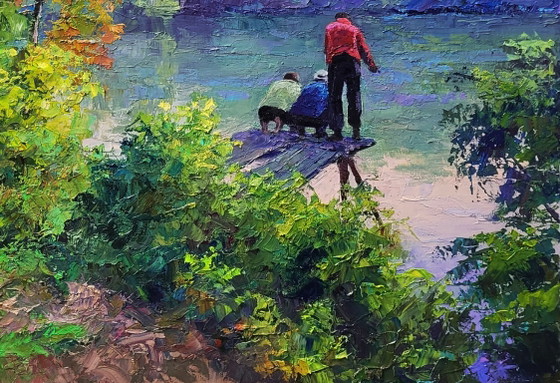 Image 1 of Dipinto ad olio originale Paesaggio naturale Foresta Fiume Pesca mattutina