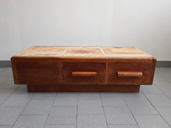 Image 1 of Vintage 1970s Ceramic Coffee Table with Solid Oak Top and 3 Drawers, DLG Capron