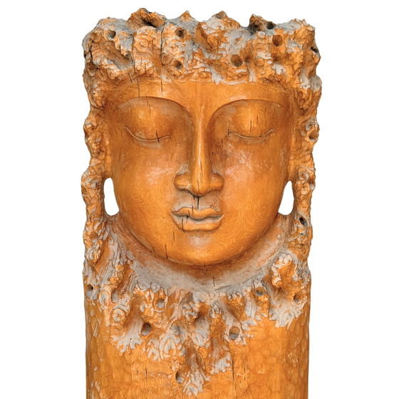 Monumentale Vintage Kwan Yin Muur Beeldhouwkunst – Brutalistisch Houtsnijwerk ca. 1970–1990 – 159 cm – Wood (photo 2 of 11)