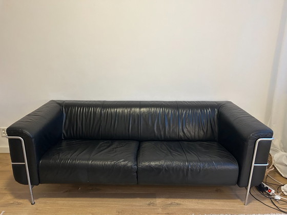 Image 1 of 1x Harvink Negro Sofá de tres plazas - Cuero, acero inoxidable (210x90x 70cm)