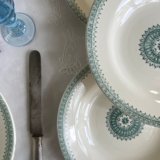 Image 1 of Set aus 6 antiken Creil- und Montereau-Suppentellern aus Steingut, englisches grünes Service