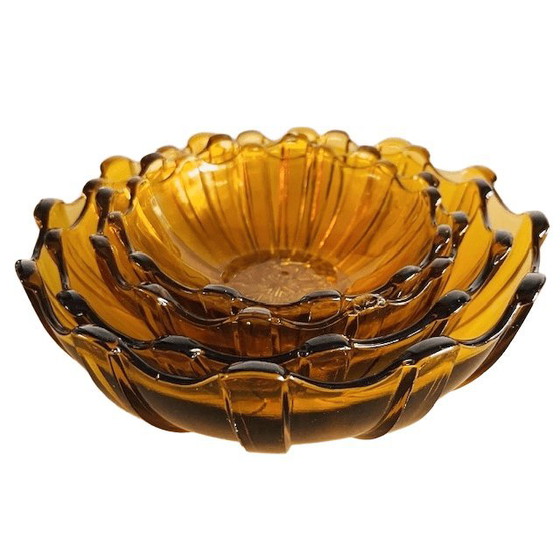 Image 1 of Juego de cuencos de cristal Art Déco vintage, de vidrio prensado color ámbar, Scailmont, década de 1930.