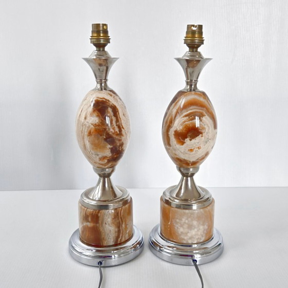 Image 1 of PAIR OF VINTAGE 1970S EGG LAMPS IN MARBLE & CHROME STEEL DLG MAISON BARBIER