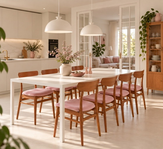 8 Danish Farstrup Dining chairs newly upholstered pink corduroy – Wood, Textile (photo 12 of 15)