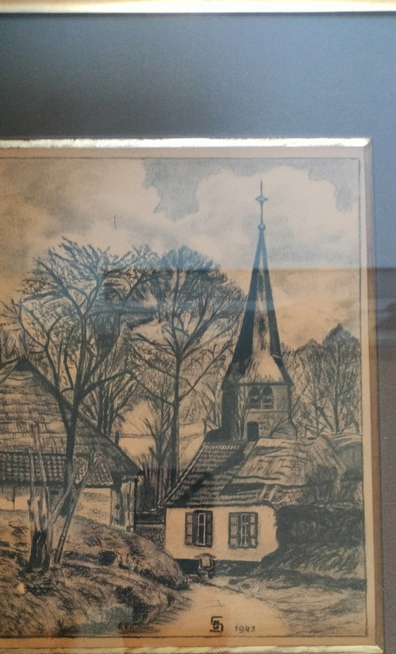 Image 1 of Charcoal drawing of a small church/chapel in Sint Anna Pede made by S. G. in 1943 and sold in 1980.