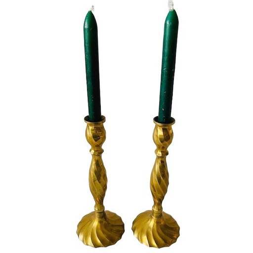 Set of mid-century turned brass candlesticks swirl 1950's