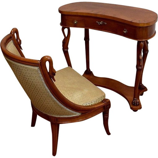 Toletta e poltrona vintage in legno di ciliegio, 1950