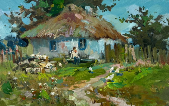 Image 1 of Original Oil Painting Summer Village Landscape Thoughts on the bench