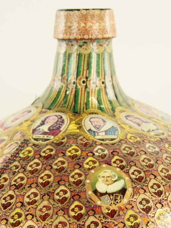 Decorative bottle with cigar band collage, Vases, Paper, Multi Color, Vintage (photo 9 of 10)