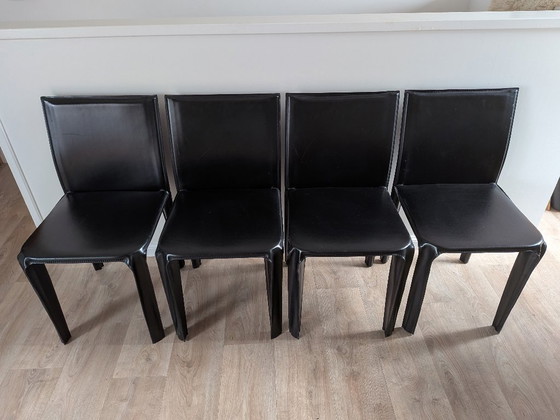 4 vintage Arper Italiaanse eetkamerstoelen uit de jaren 80/90, bekleed met zwart hard leer (in de stijl van (photo 10 of 22)