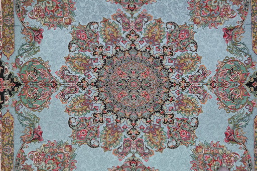 Tovaglia orientale fatta a mano, finemente lavorata con fili di seta, 100 x 100 cm