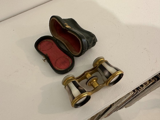 Image 1 of Antique Brass and Mother-of-Pearl Theater Binoculars, with Original Case