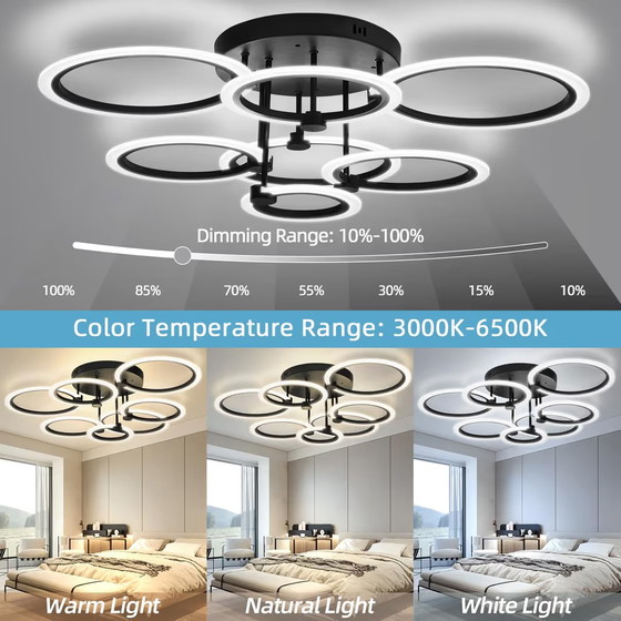 Ceiling light LED 7 Rings Black 48W, Dimmable, Remote Control, Geometrisch (photo 2 of 5)