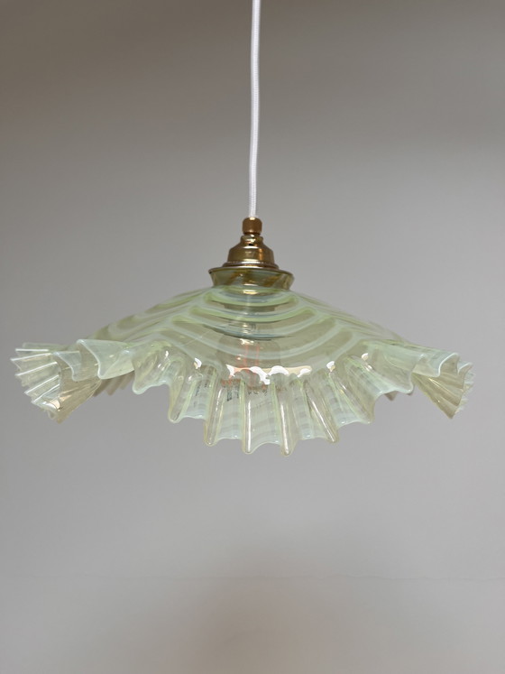 Image 1 of Sfeervolle, lichtgroene vintage hanglamp, vermoedelijk Frans