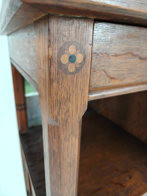 Zeldzaam 19e-eeuws Engels Arts & Crafts eiken sideboard van Pratt & Prince – met ingelegd zonnebloemmotief