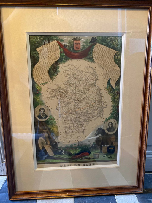 Mapa antiguo ilustrado del departamento de Cher, según Levasseur, marco antiguo grande, 60 x 45 cm. – decoratieve objecten