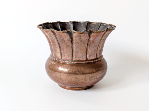 Midcentury Italian Planter | Hand-Hammered Copper with Scalloped Rim and Cord Detail