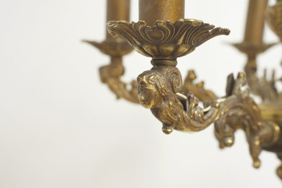 Image 1 of Vintage Franse messing kroonluchter, antieke plafondlamp in rococo-revival Louis XV-stijl met 5 armen en gezichtsmotieven.