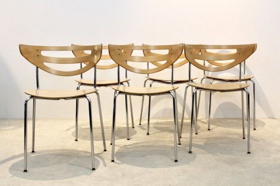 Stackable Thonet Chrome and Beechwood Curved Diner Chairs, Dining chairs, Modern (photo 11 of 12)