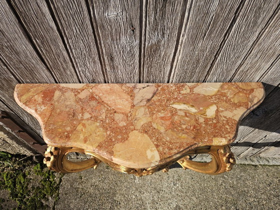 Image 1 of Set di consolle vintage in marmo dorato francese e specchio barocco - stile Luigi XV