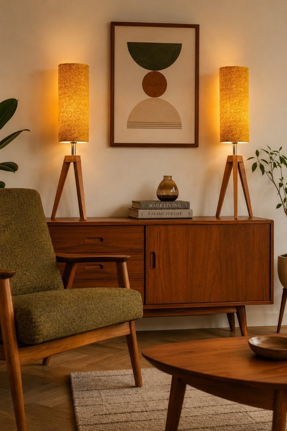 Image 1 of Paire de lampes jaune moutarde moderne design teak wood1960