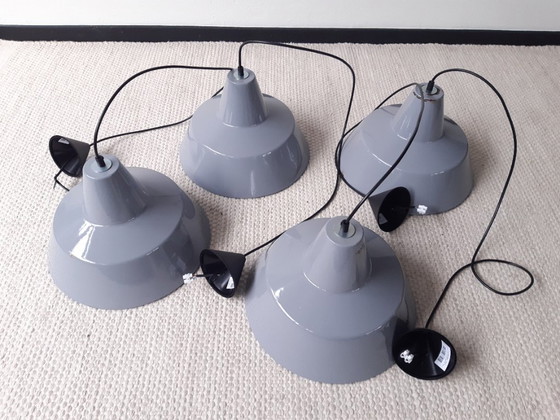 Image 1 of 1 of 4 gray enamel pendant lamps, minimalist industrial pendant lamp, mid-century modern dining table lamps; 4 STILL AVAILABLE