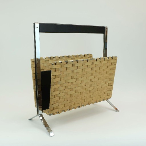 unusual 1970s vintage magazine rack newspaper holder chrome leather bamboo