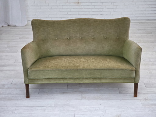 1960s Danish Curved 2-Seater Sofa, Furniture Velour, Beech Wood