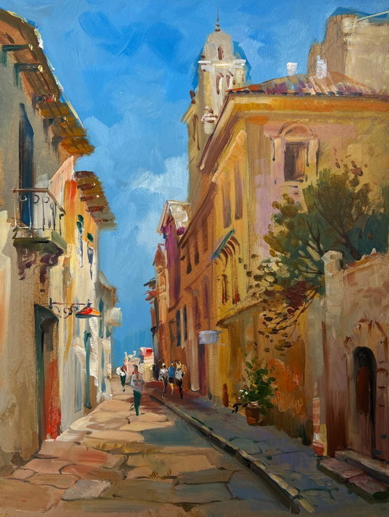 Image 1 of Pintura al óleo original Paisaje urbano diurno Antiguo callejón de la ciudad